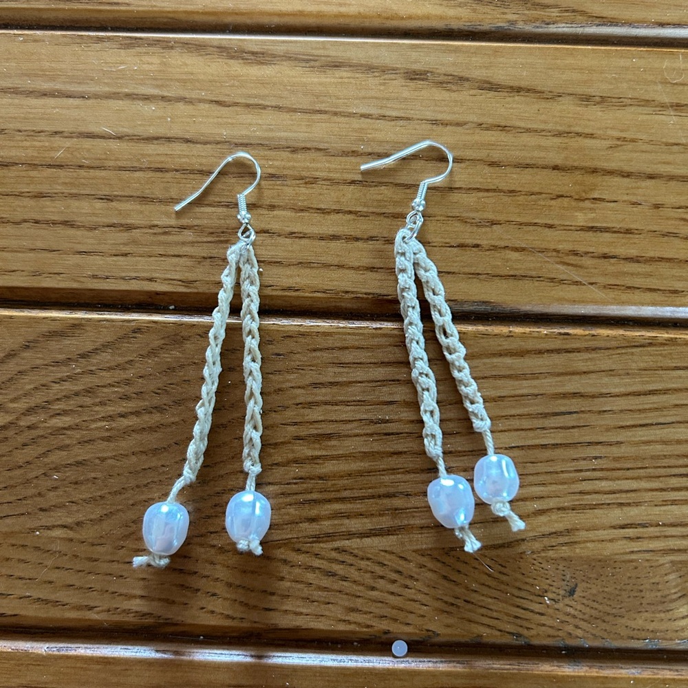 Crocheted Earrings with White beads. 2”